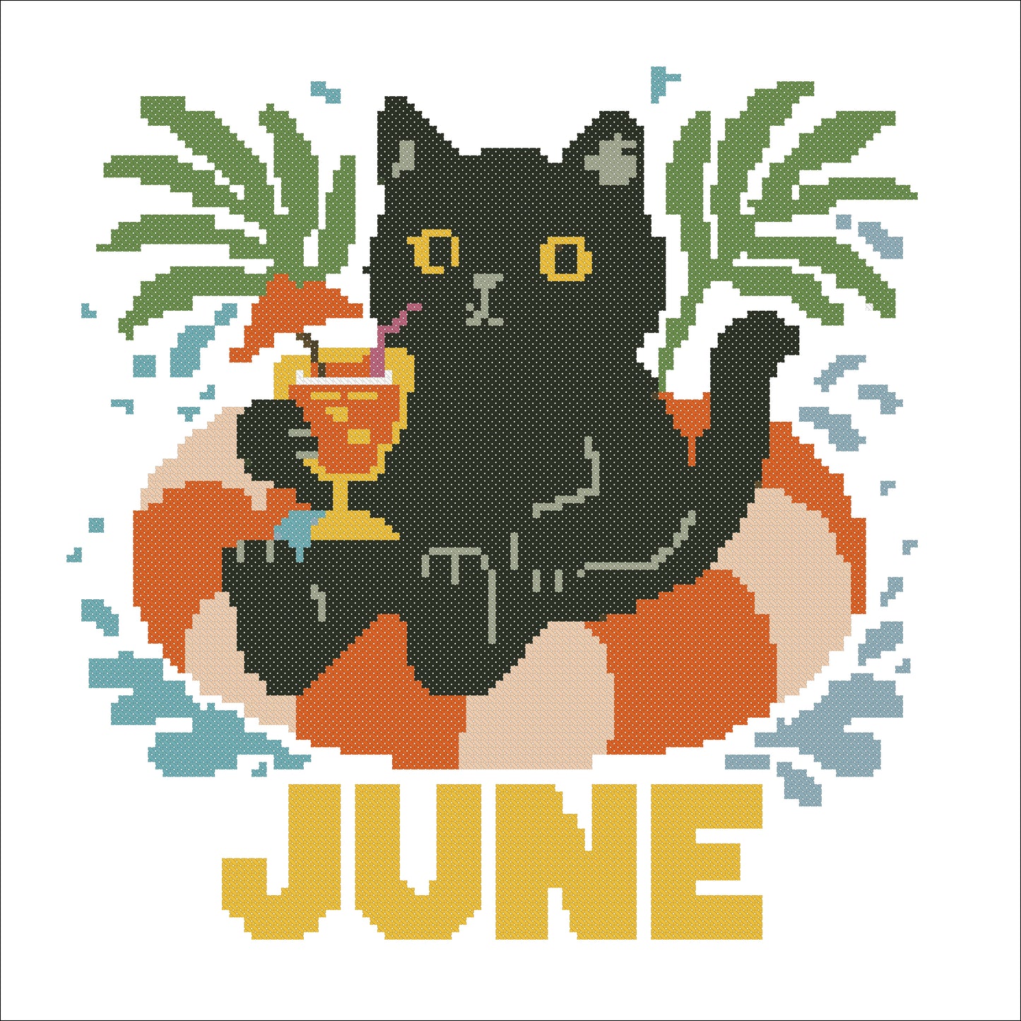June Cross Stitch Pattern – Black Cat with Cocktail in Pool Ring | Summer PDF Embroidery Design