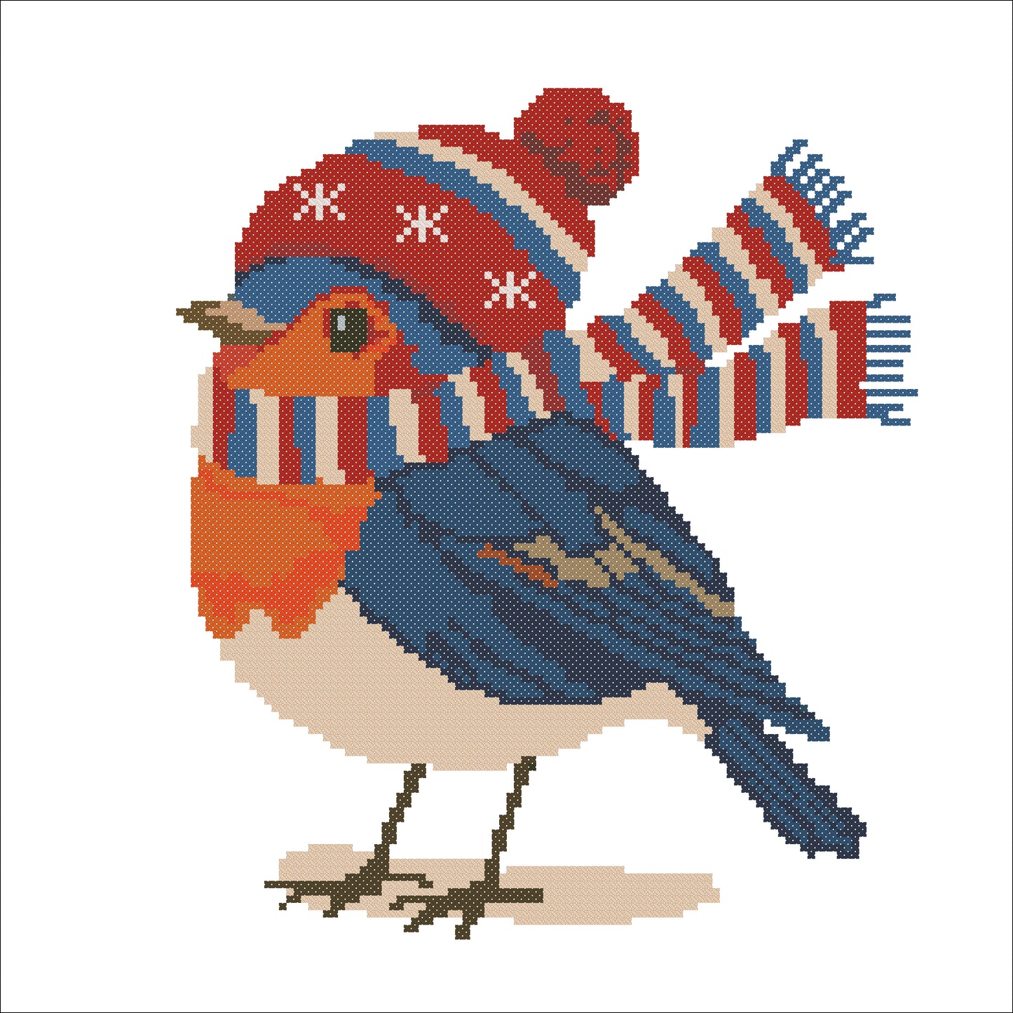 Winter Robin Cross Stitch Pattern – Cute Bird in Knit Hat and Scarf | Christmas Embroidery PDF