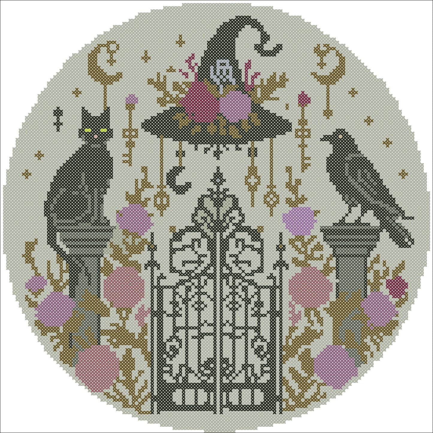 Gothic Witch Gate Cross Stitch Pattern PDF | Black Cat & Raven Halloween Embroidery | Witchcore Counted Cross Stitch Chart | Instant Download