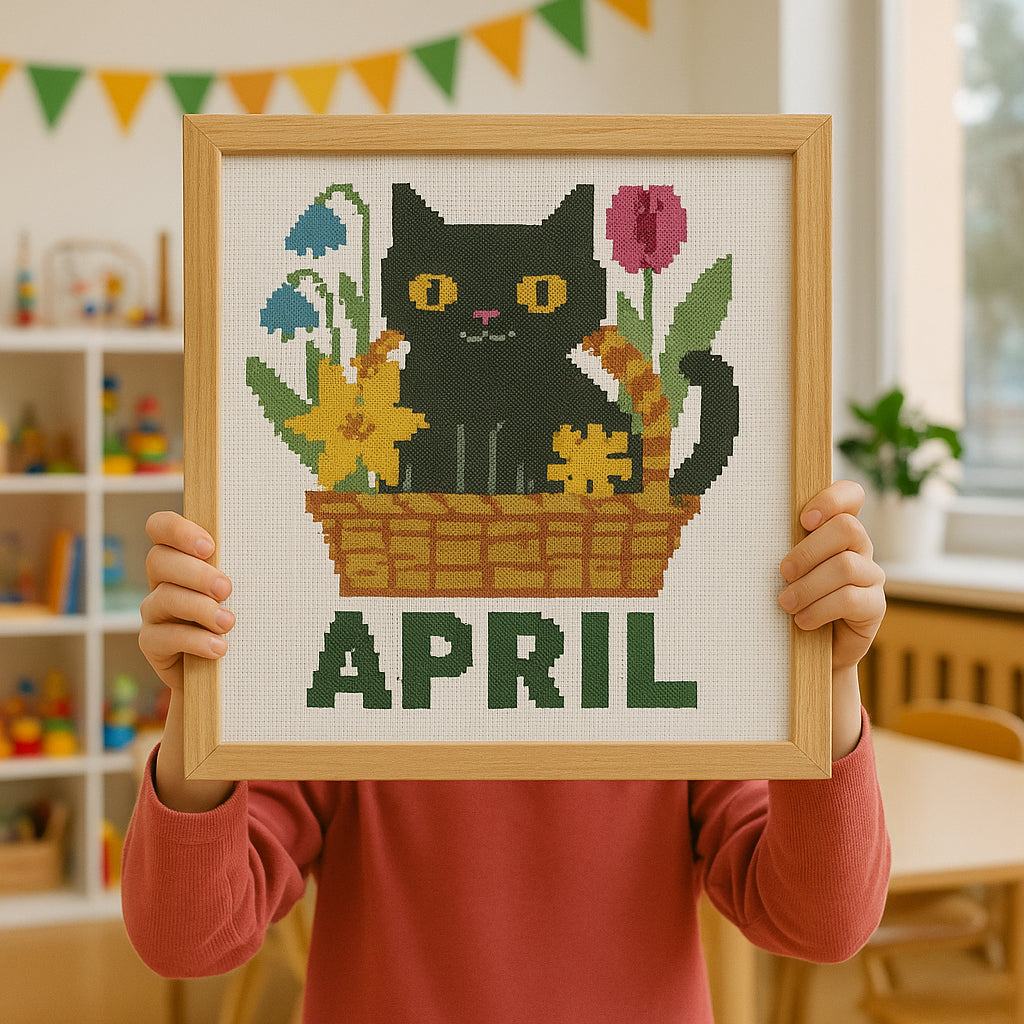 April Black Cat Cross Stitch Pattern – Spring Floral Basket Design (PDF)