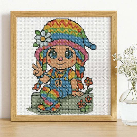 Rainbow Hippie Gnome Cross Stitch Pattern | Peace and Love Embroidery PDF | Cute DIY Needlework Chart