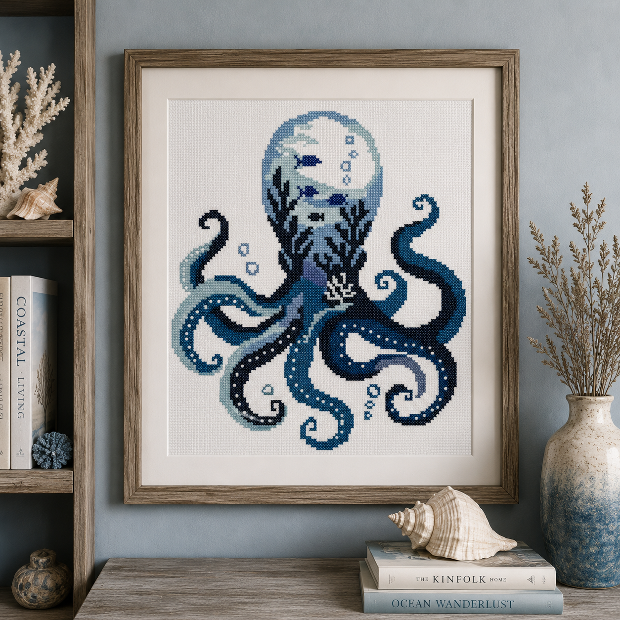 Moonlit Octopus Counted Cross Stitch Pattern PDF | Ocean Embroidery Design | Nautical Marine Wall Art | Modern Coastal Decor | Instant Download