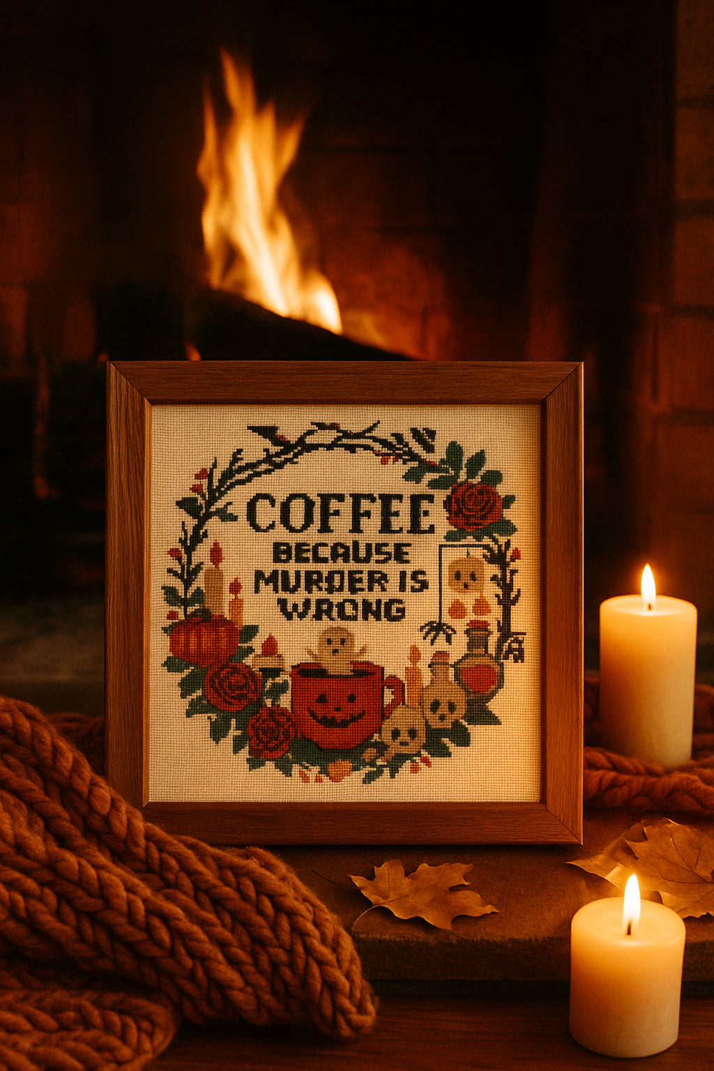Coffee Because Murder Is Wrong – Halloween Cross Stitch Pattern | Cozy Fall Embroidery Decor