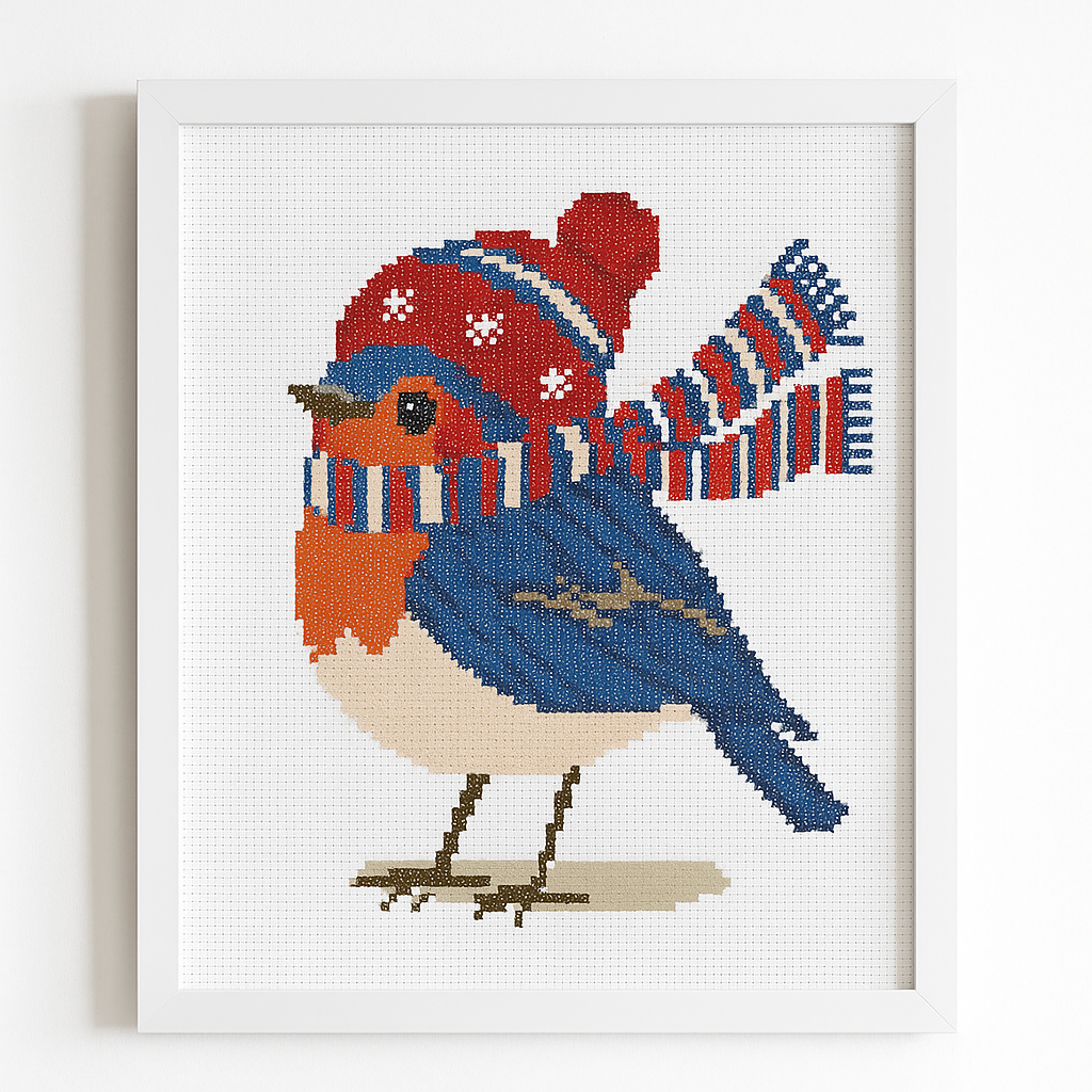 Winter Robin Cross Stitch Pattern – Cute Bird in Knit Hat and Scarf | Christmas Embroidery PDF