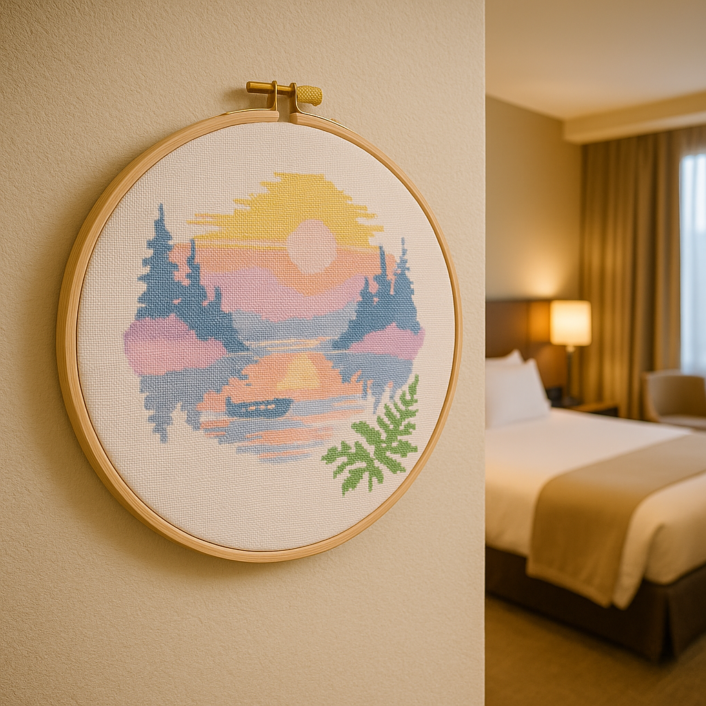 Pastel Sunset Lake Cross Stitch Pattern | Peaceful Landscape Embroidery PDF
