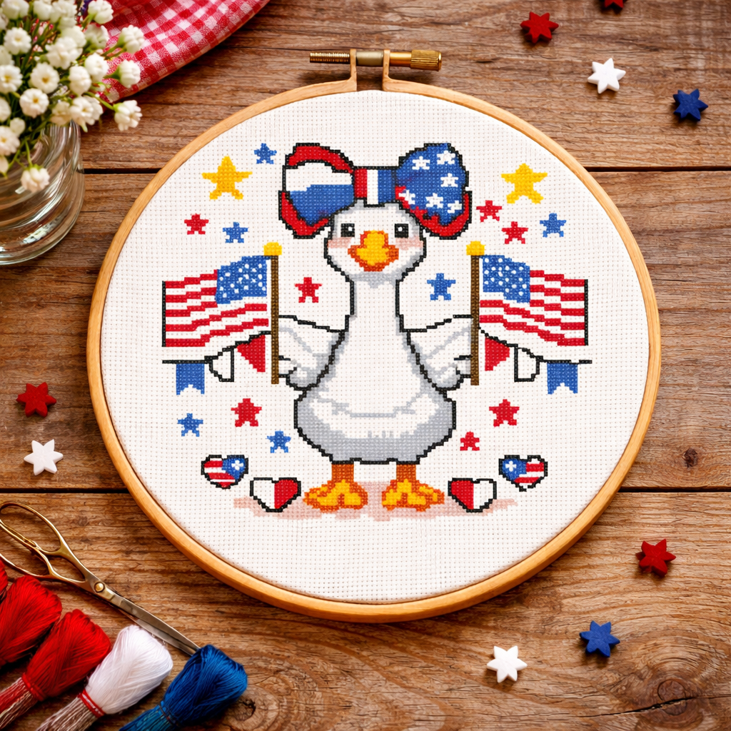 Patriotic Goose Cross Stitch Pattern – Cute 4th of July Goose with American Flags | Funny Summer Embroidery PDF