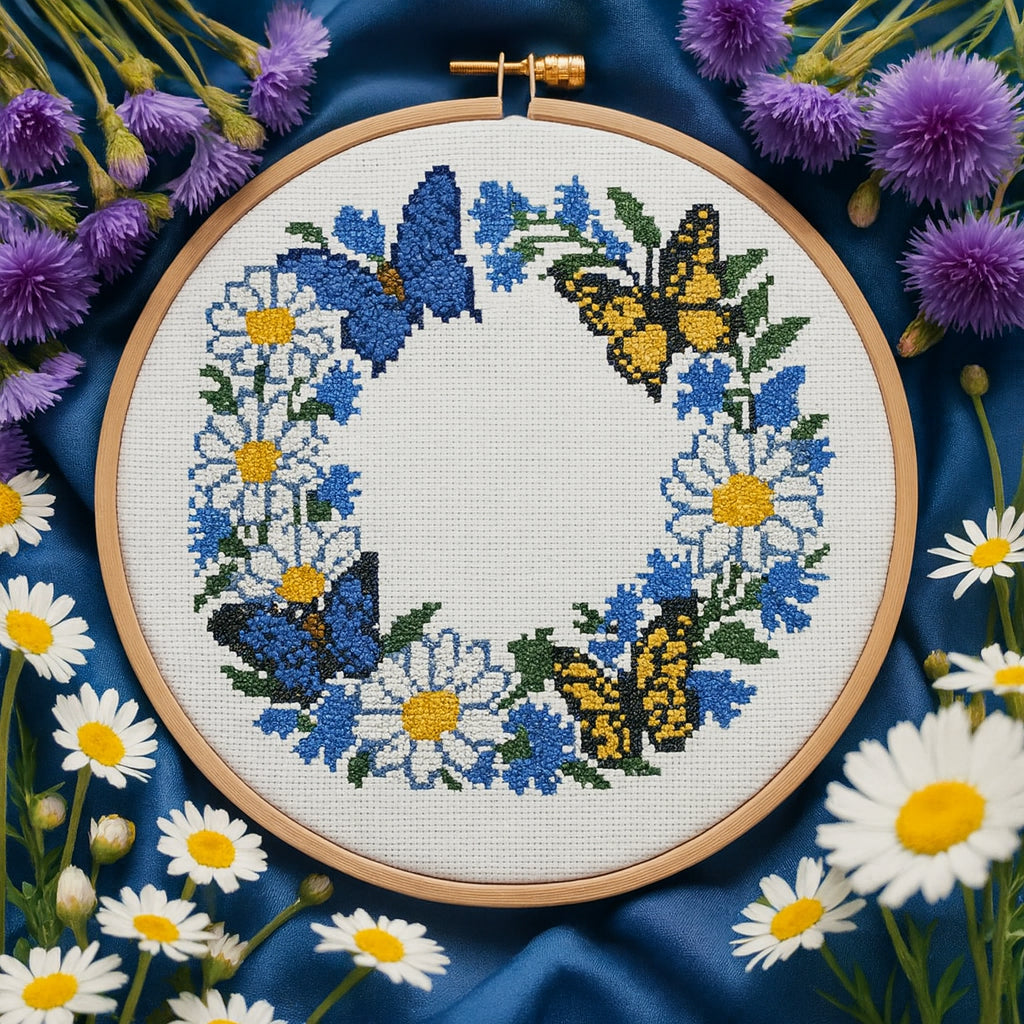 Daisy & Cornflower Butterfly Wreath Cross Stitch Pattern | 250x250 Floral Embroidery Design