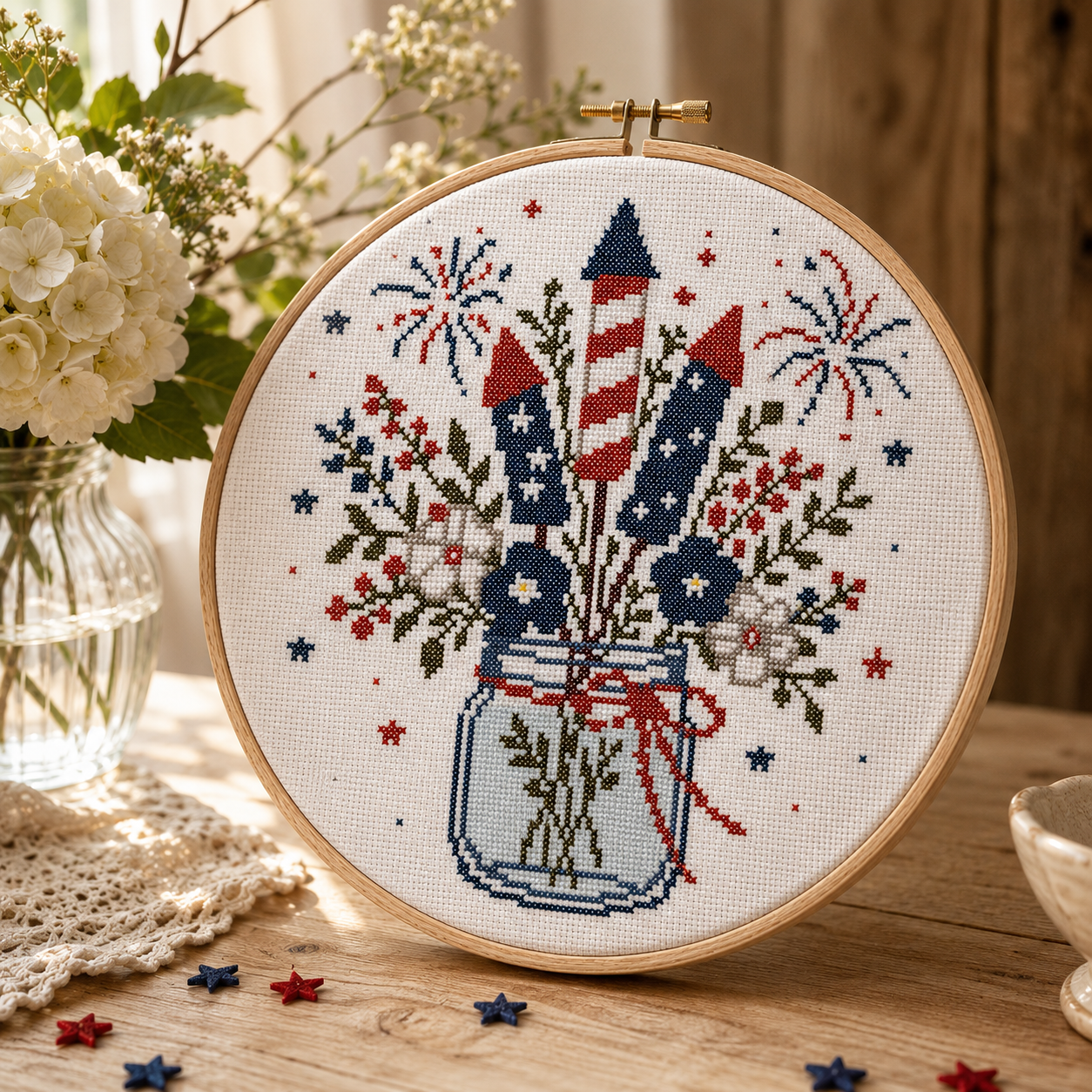 Patriotic Firework Bouquet Cross Stitch Pattern PDF, 4th of July Embroidery Pattern, Fireworks in Mason Jar, American Flag Rocket Cross Stitch, DMC Chart