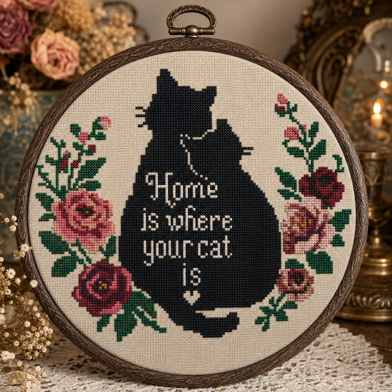 Home Is Where Your Cat Is Cross Stitch Pattern PDF | Black Cat Floral Embroidery | Modern Counted Cross Stitch | Cat Lover Gift | Instant Download