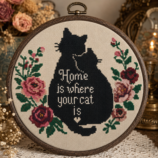 Home Is Where Your Cat Is Cross Stitch Pattern PDF | Black Cat Floral Embroidery | Modern Counted Cross Stitch | Cat Lover Gift | Instant Download