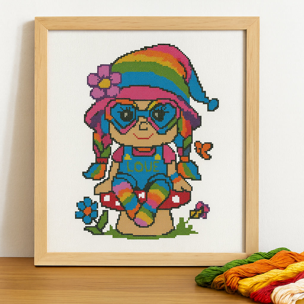 Rainbow Hippie Gnome Cross Stitch Pattern | PDF Embroidery Design | Cute Peace & Love Gnome on Mushroom