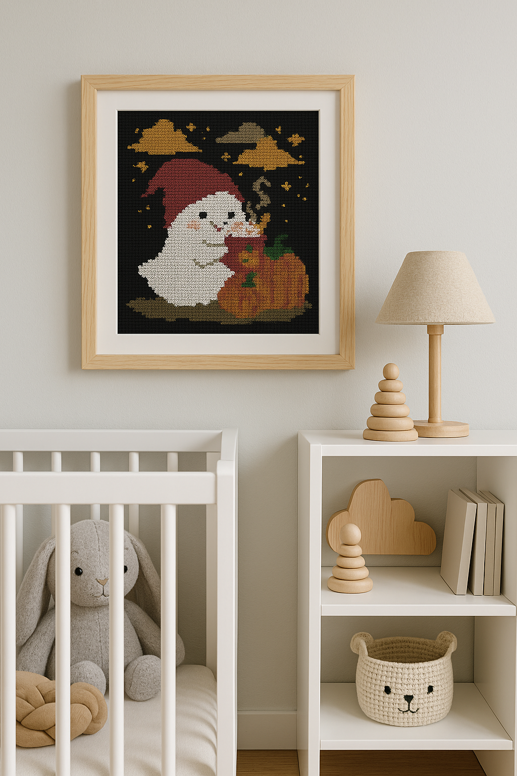 Cute Ghost on Pumpkin Cross Stitch Pattern – Halloween Cozy Latte Embroidery PDF