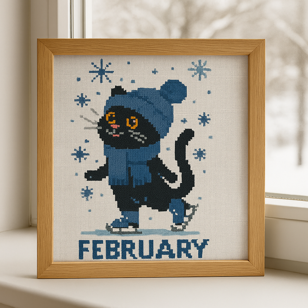 February Black Cat Cross Stitch Pattern – Winter Skating Kit