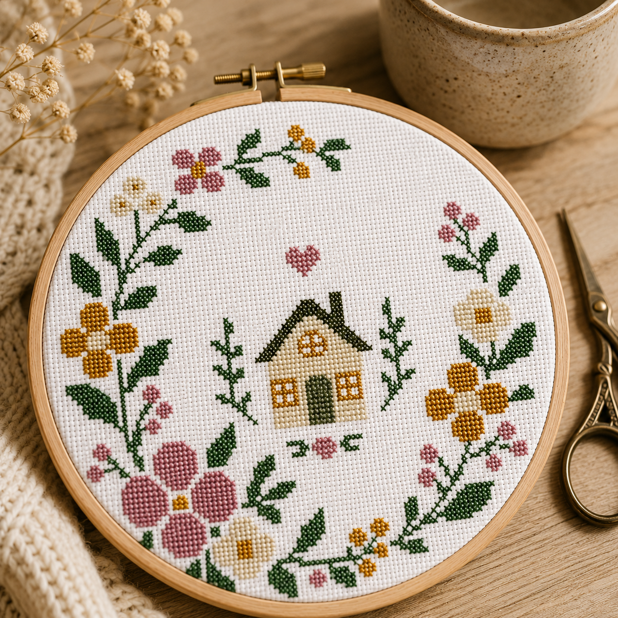 Scandinavian Floral House Wreath Cross Stitch Pattern PDF, Nordic Folk Home Sweet Home Embroidery, Minimalist Housewarming Counted Cross Stitch