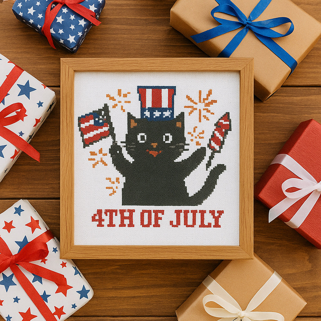 Black Cat 4th of July Cross Stitch Pattern – Patriotic USA Independence Day Embroidery