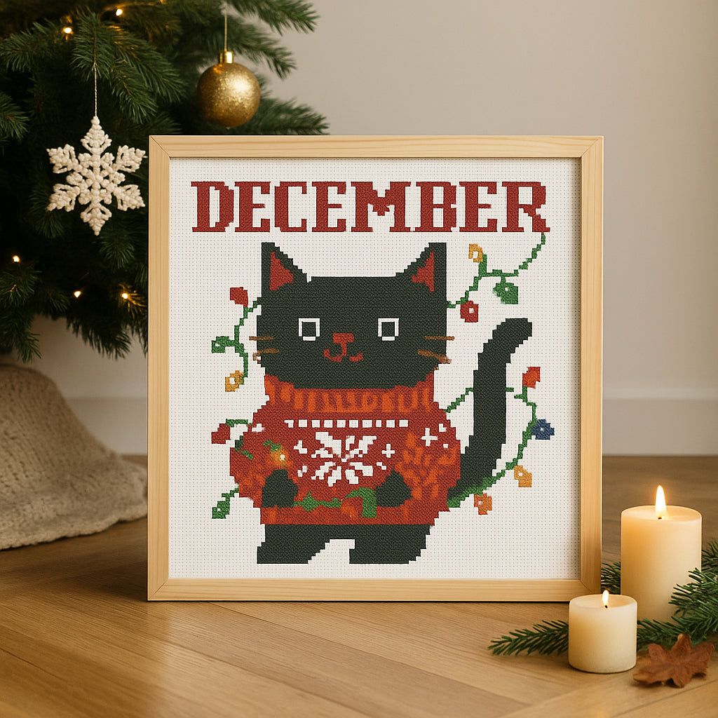 Cross Stitch Pattern – December Black Cat with Christmas Lights