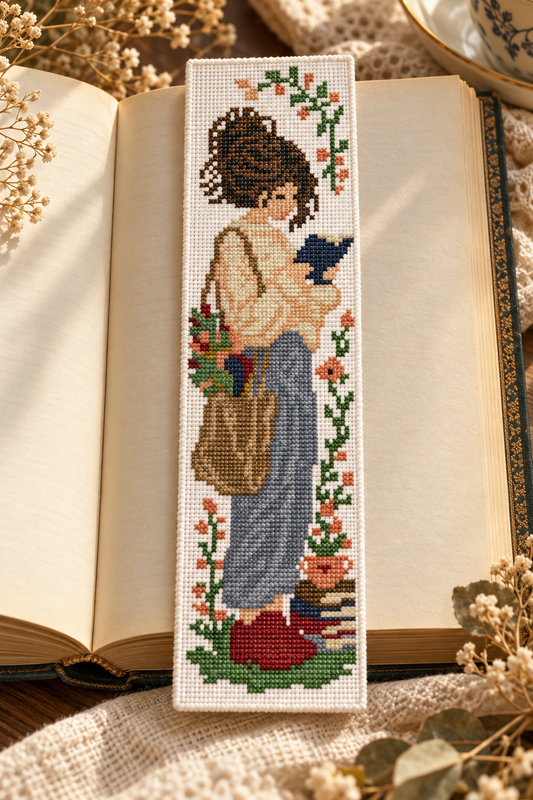 Reading Girl Bookmark Cross Stitch Pattern PDF – Floral Book Lover