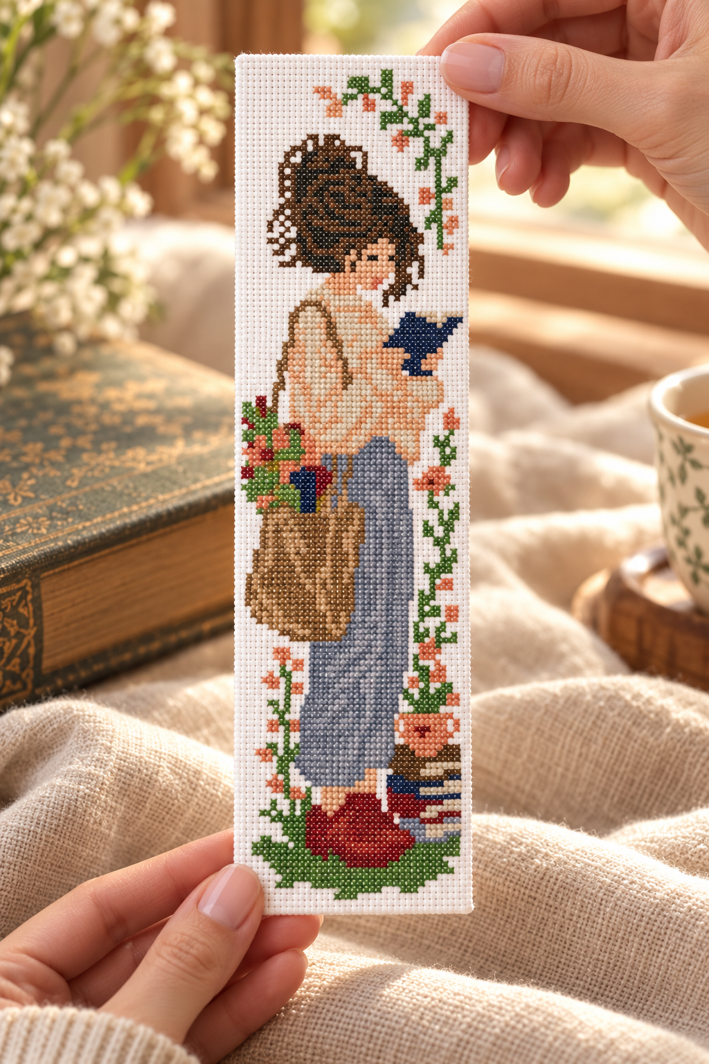 Reading Girl Bookmark Cross Stitch Pattern PDF – Floral Book Lover