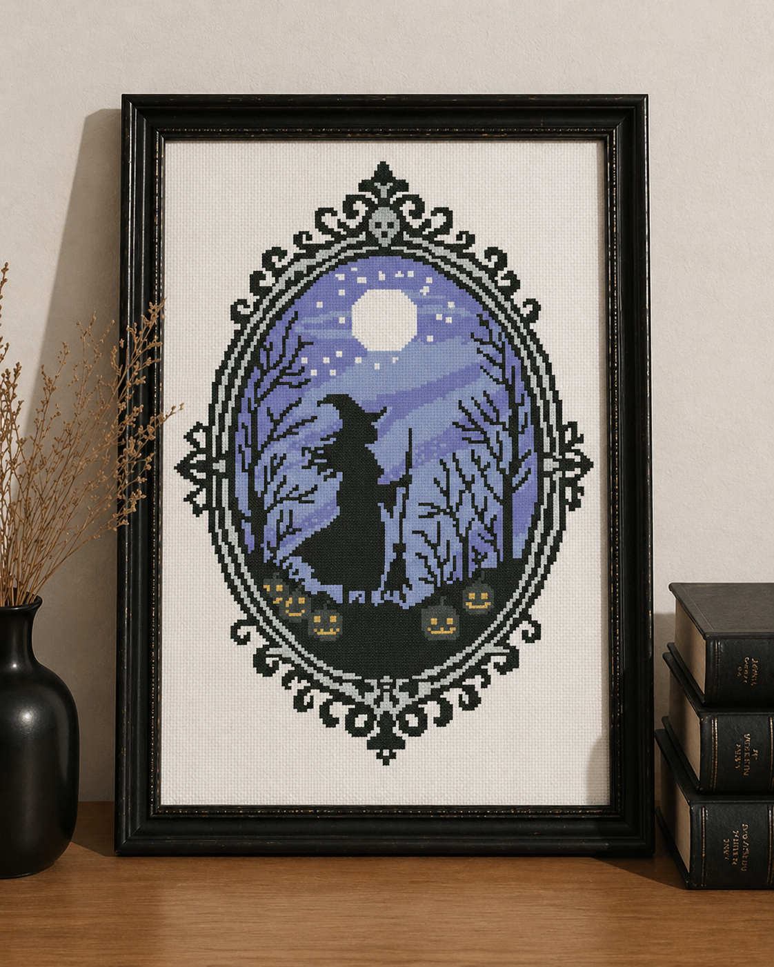 Halloween Witch Cross Stitch Pattern PDF – Gothic Moon Night Embroidery with Pumpkins & Forest Silhouette