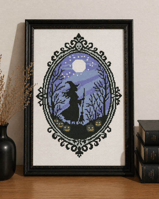 Halloween Witch Cross Stitch Pattern PDF – Gothic Moon Night Embroidery with Pumpkins & Forest Silhouette