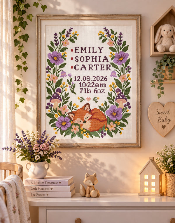 Personalized Baby Birth Announcement Cross Stitch Pattern PDF – Woodland Fox Sampler + Alphabet