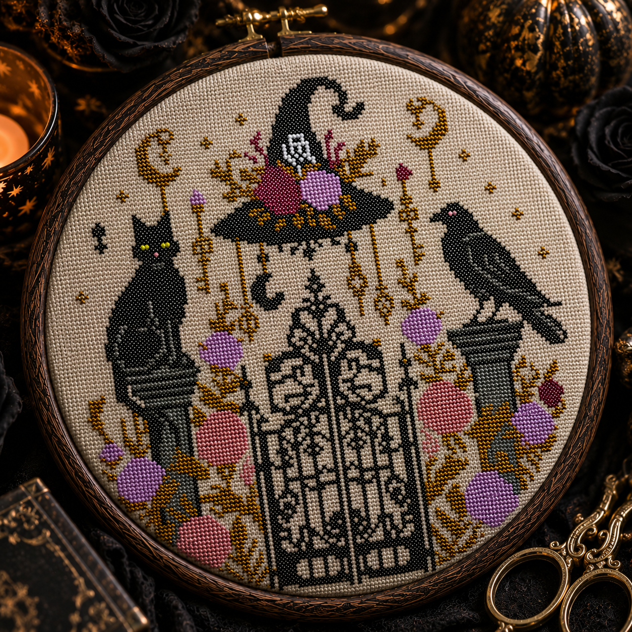 Gothic Witch Gate Cross Stitch Pattern PDF | Black Cat & Raven Halloween Embroidery | Witchcore Counted Cross Stitch Chart | Instant Download