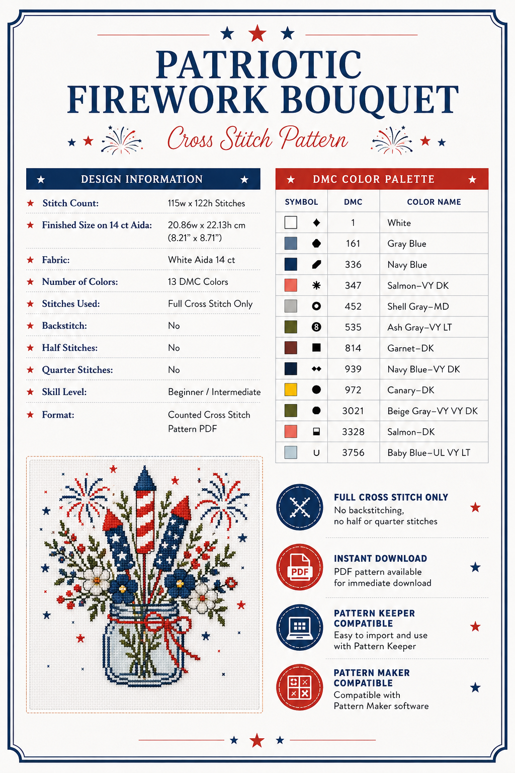 Patriotic Firework Bouquet Cross Stitch Pattern PDF, 4th of July Embroidery Pattern, Fireworks in Mason Jar, American Flag Rocket Cross Stitch, DMC Chart