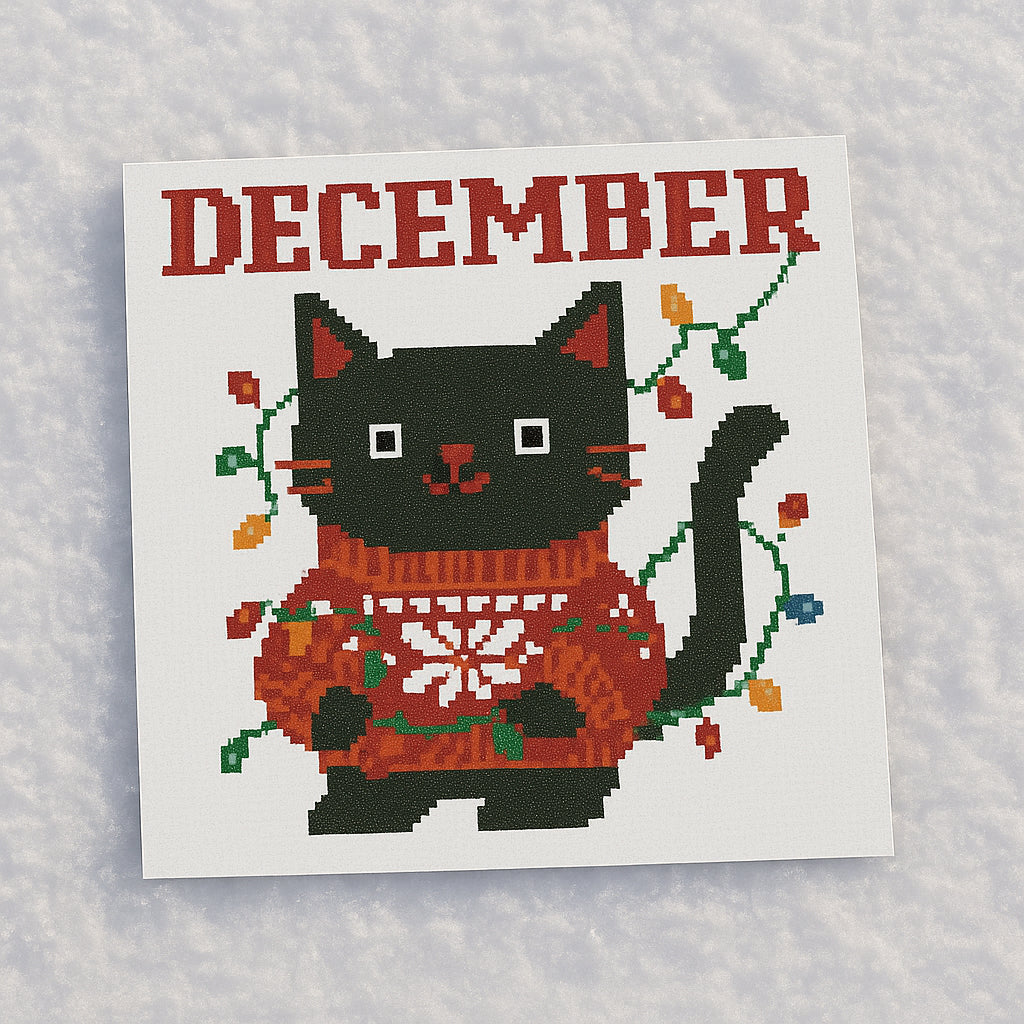 Cross Stitch Pattern – December Black Cat with Christmas Lights