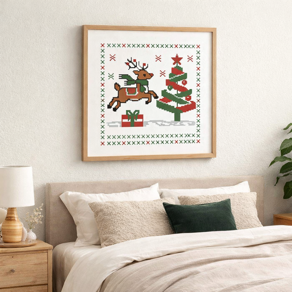 Christmas Reindeer Cross Stitch Pattern – Festive Holiday Tree & Gift Design