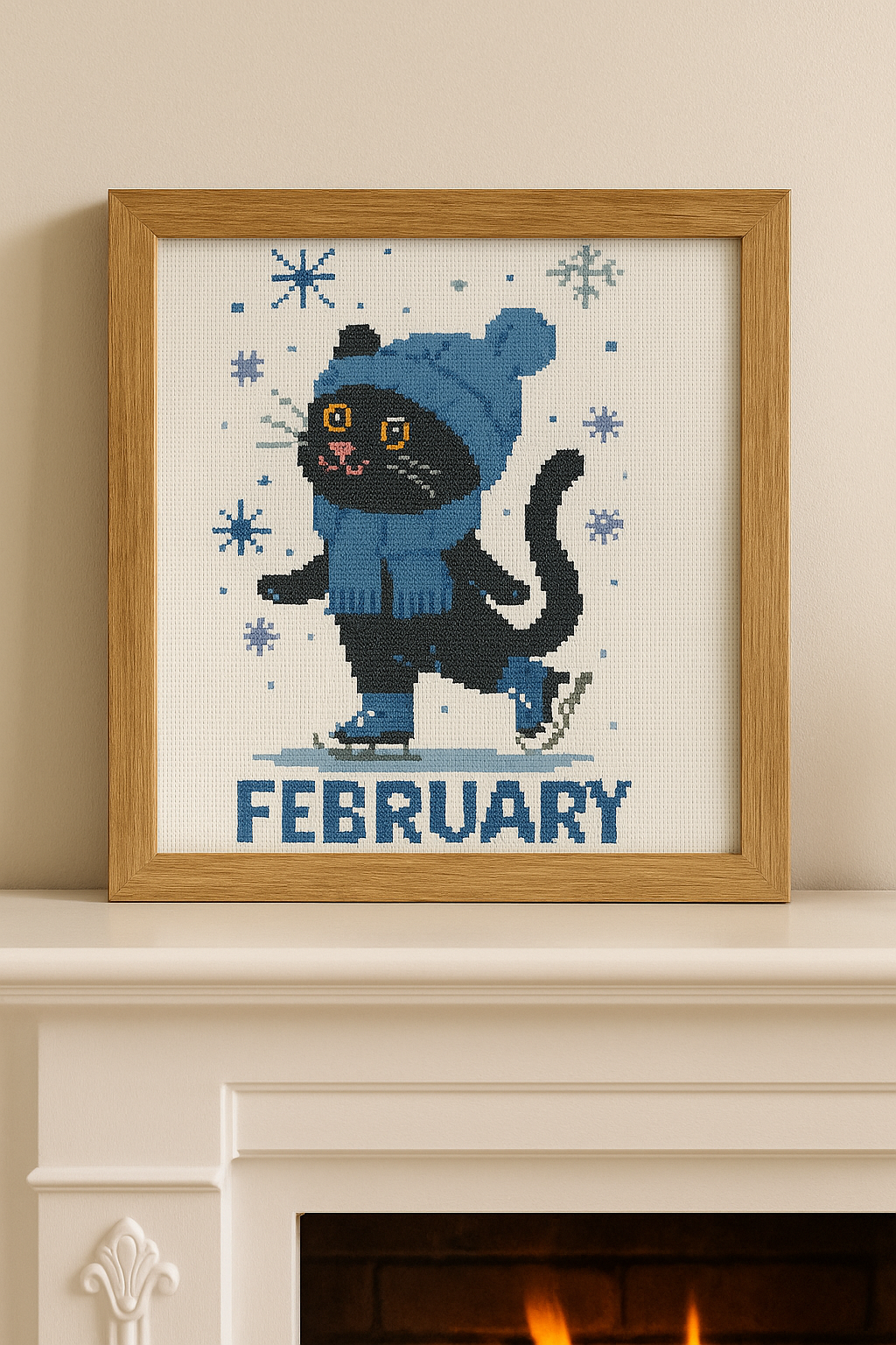 February Black Cat Cross Stitch Pattern – Winter Skating Kit