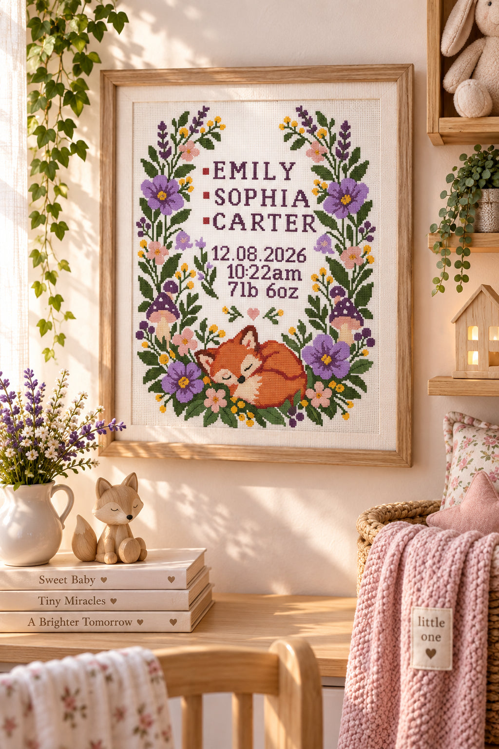 Personalized Baby Birth Announcement Cross Stitch Pattern PDF – Woodland Fox Sampler + Alphabet