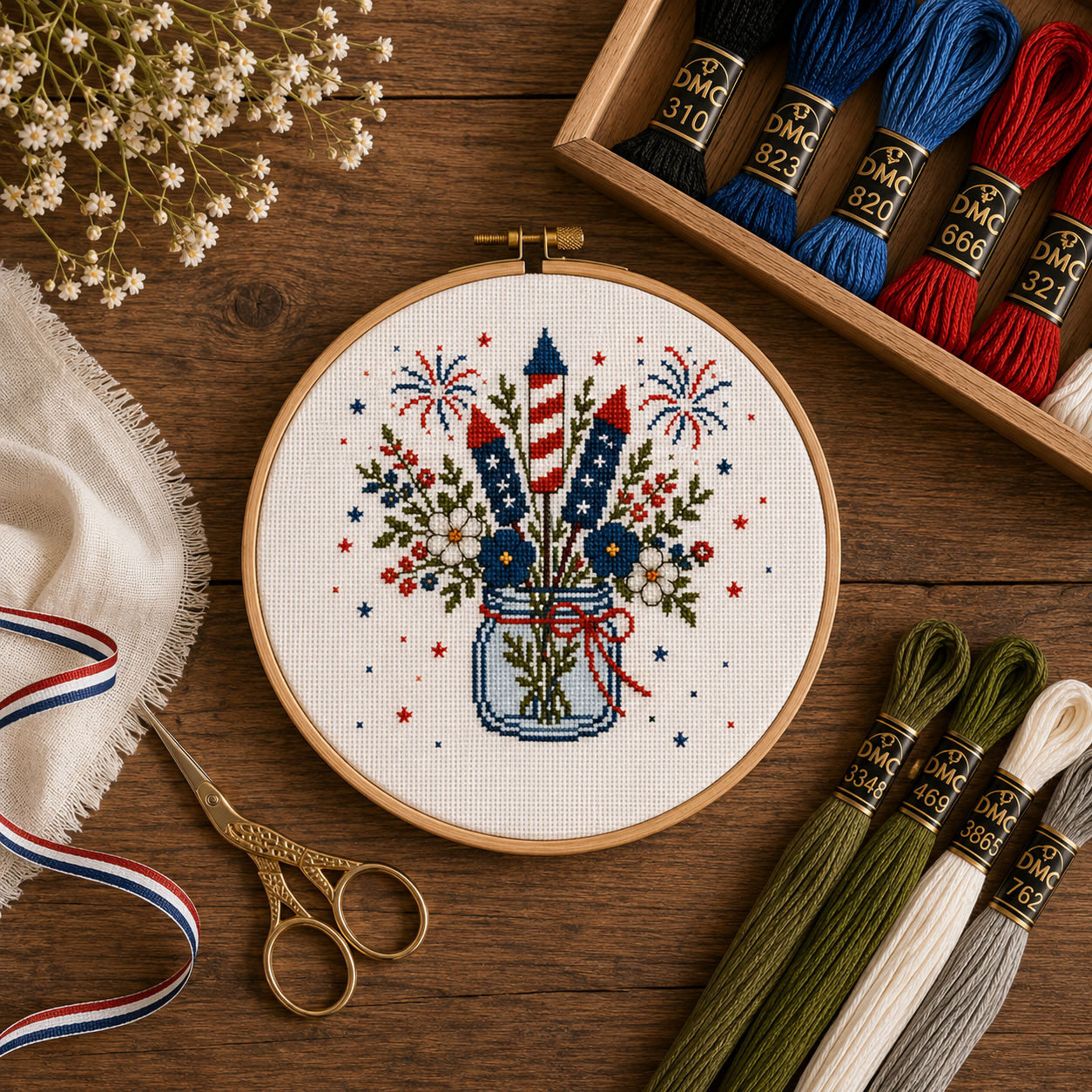Patriotic Firework Bouquet Cross Stitch Pattern PDF, 4th of July Embroidery Pattern, Fireworks in Mason Jar, American Flag Rocket Cross Stitch, DMC Chart