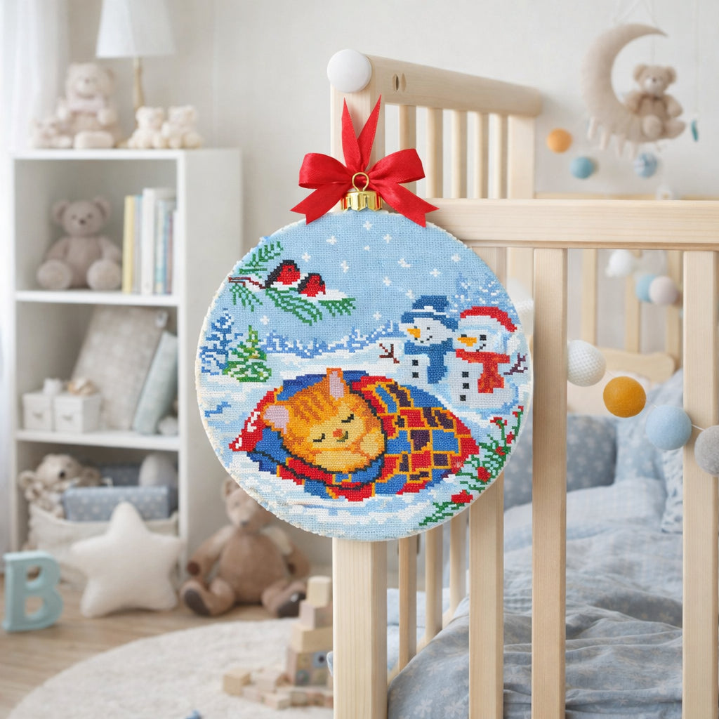 Sleeping Kitten Winter Cross Stitch Pattern – Cute Cat Christmas Ornament, Nursery Decor, PDF Pattern
