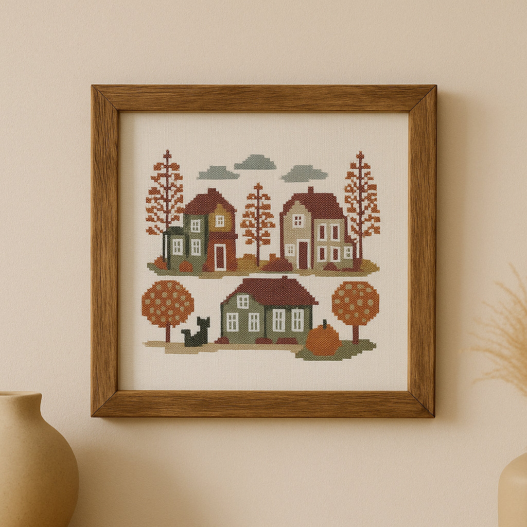 Autumn Village Cross Stitch Pattern – Fall Sampler PDF, Cozy Houses & Trees, Instant Download