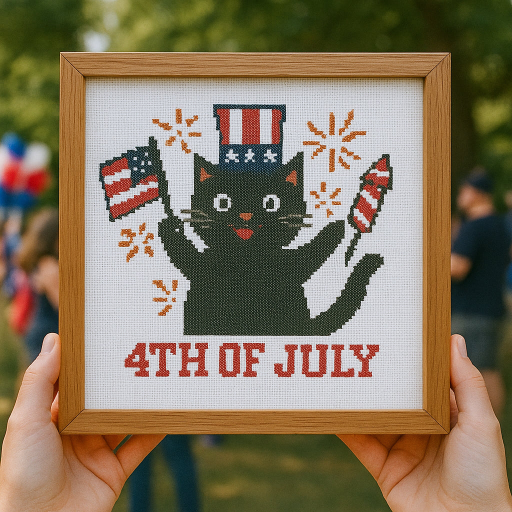 Black Cat 4th of July Cross Stitch Pattern – Patriotic USA Independence Day Embroidery