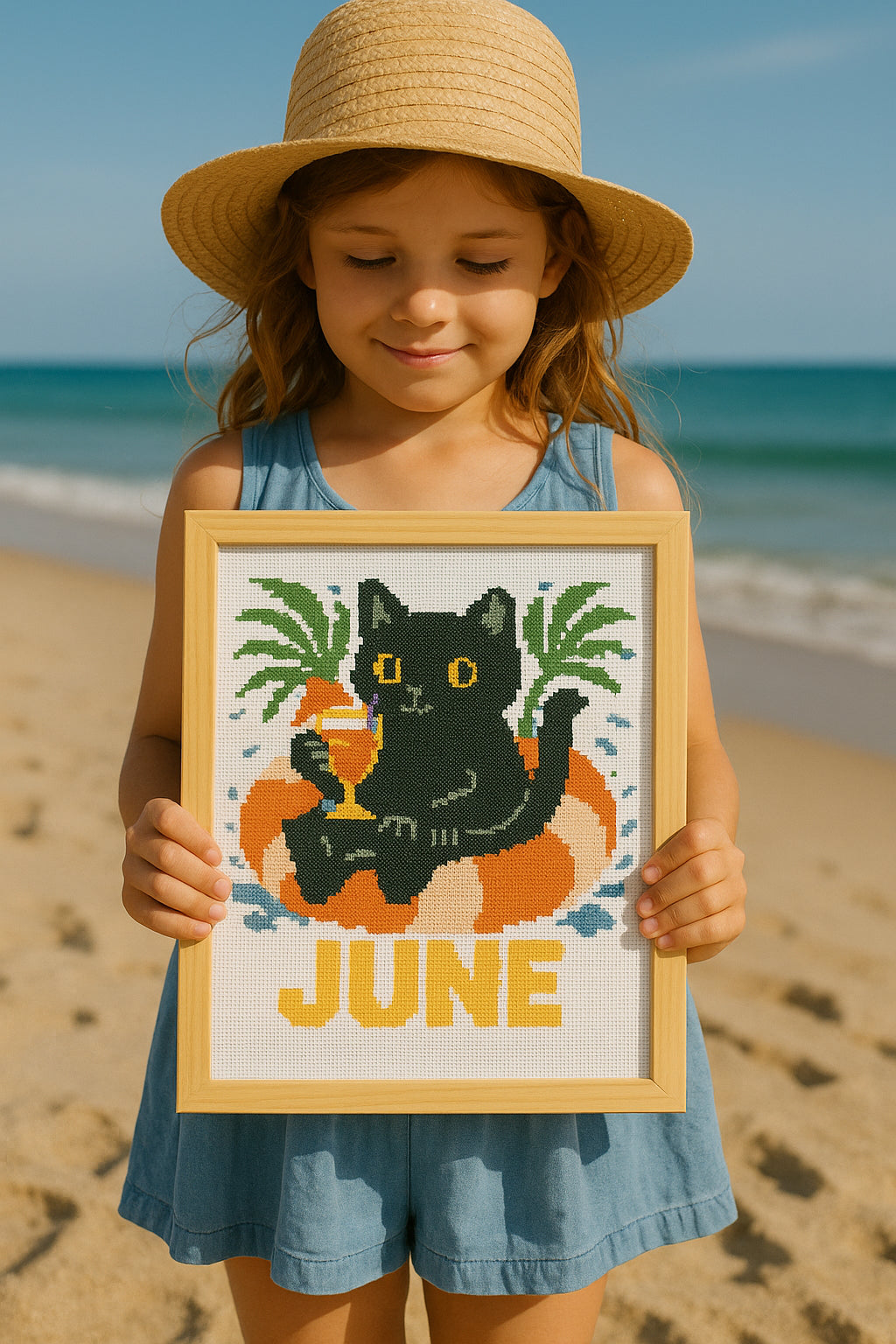 June Cross Stitch Pattern – Black Cat with Cocktail in Pool Ring | Summer PDF Embroidery Design