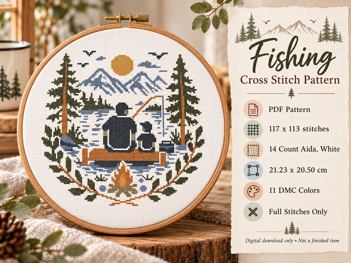 Father and Child Fishing Cross Stitch Pattern PDF – Mountain Lake Embroidery