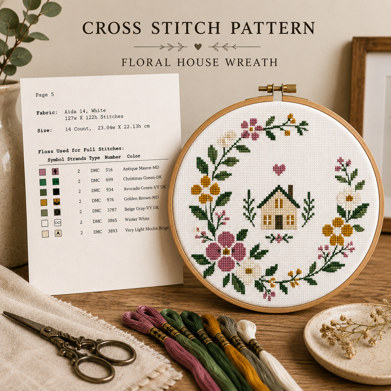 Scandinavian Floral House Wreath Cross Stitch Pattern PDF, Nordic Folk Home Sweet Home Embroidery, Minimalist Housewarming Counted Cross Stitch