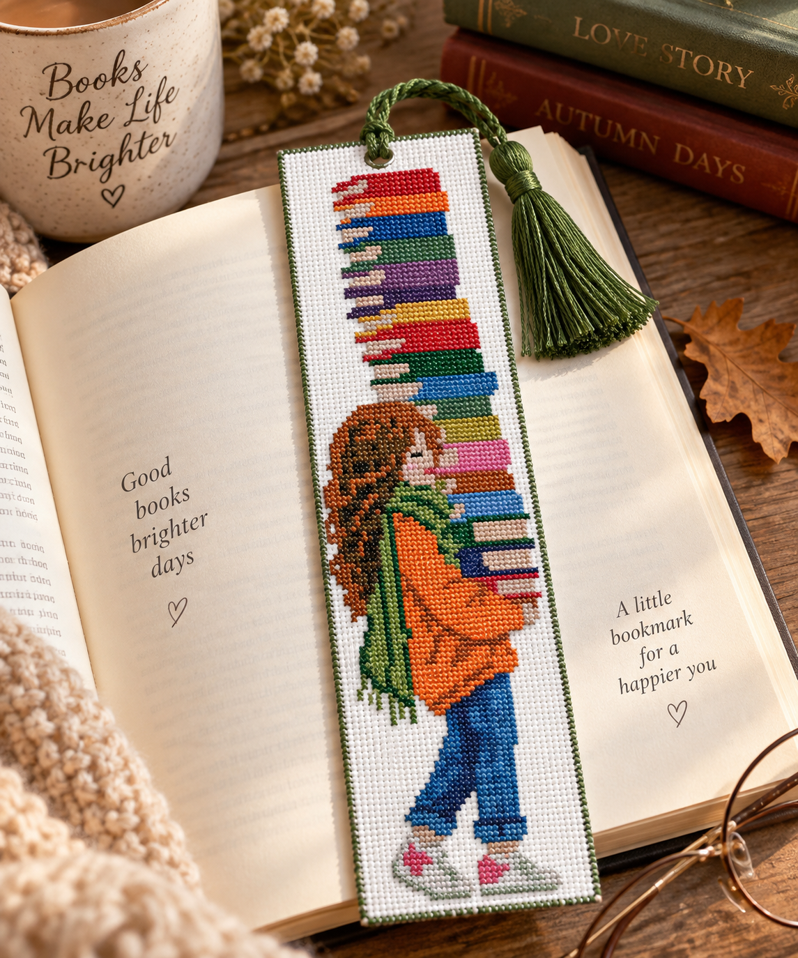 Book Lover Bookmark Cross Stitch Pattern PDF – Girl with Books