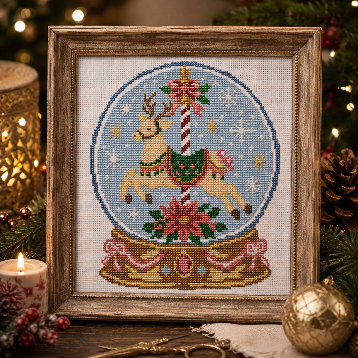 Christmas Carousel Snow Globe Cross Stitch Pattern PDF | Reindeer Snow Globe Embroidery Design | Instant Download
