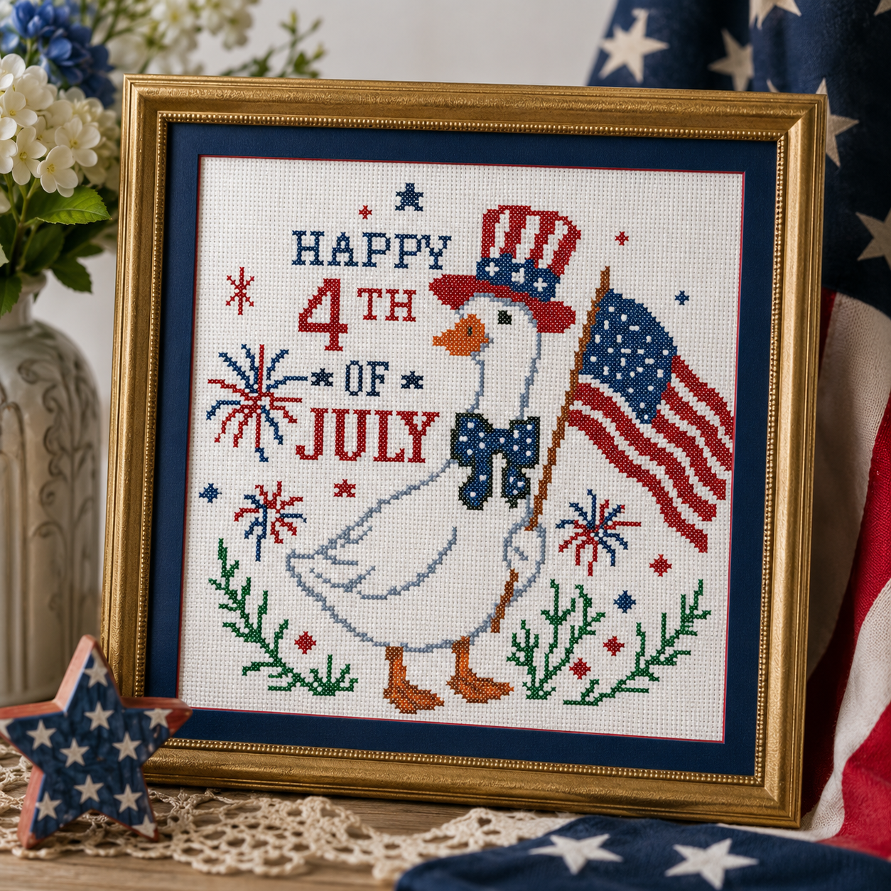 Happy 4th of July Goose Cross Stitch Pattern PDF | Patriotic Goose Embroidery Design | American Flag Counted Cross Stitch | Independence Day Decor