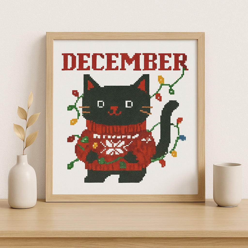 Cross Stitch Pattern – December Black Cat with Christmas Lights