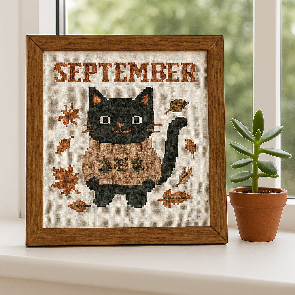 Black Cat in Cozy Sweater – September Autumn Cross Stitch Pattern