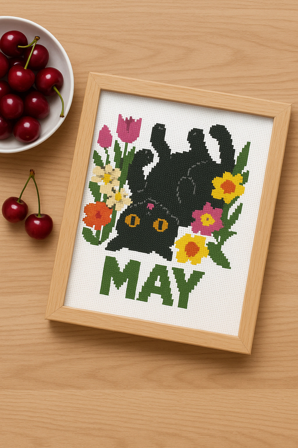 Black Cat in May – Floral Cross Stitch Pattern | Modern PDF Embroidery Design