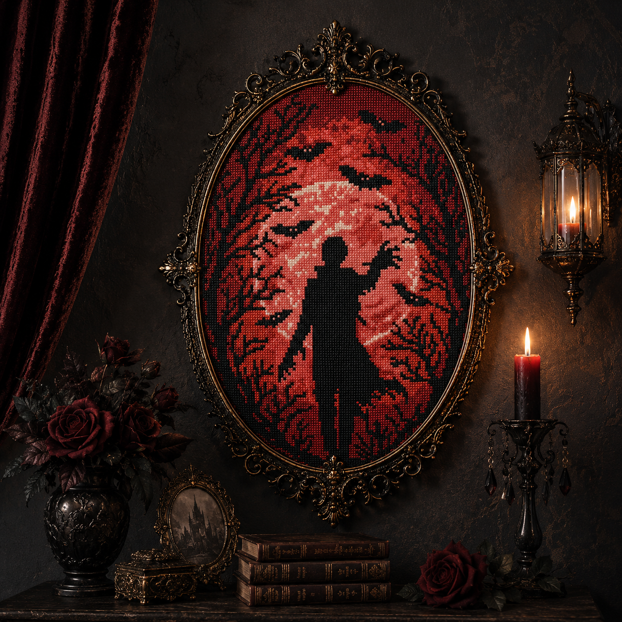 Blood Moon Silhouette Cross Stitch Pattern PDF | Gothic Vampire Moon Embroidery Design | Halloween Counted Cross Stitch Chart | Instant Download