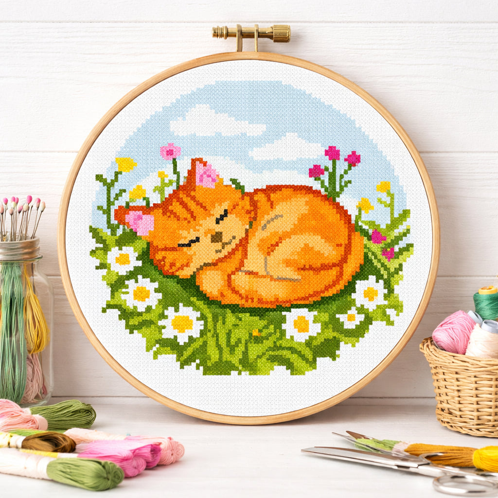 Sleeping Ginger Cat Cross Stitch Pattern | Cute Nursery & Daycare Embroidery PDF
