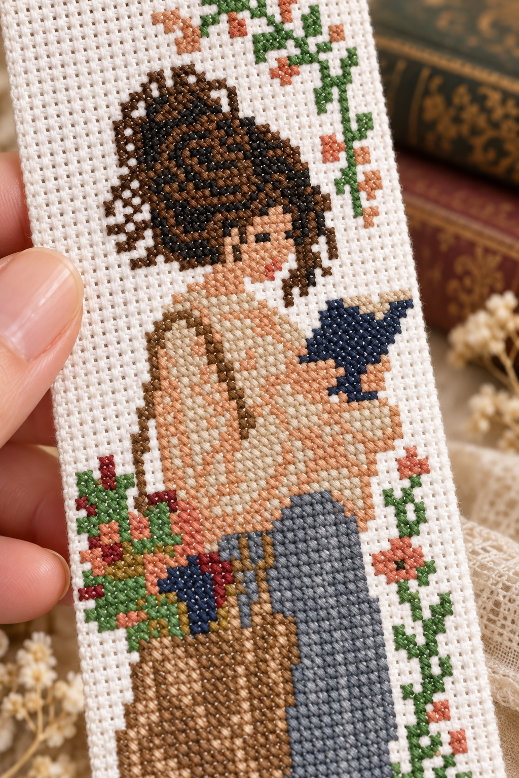 Reading Girl Bookmark Cross Stitch Pattern PDF – Floral Book Lover