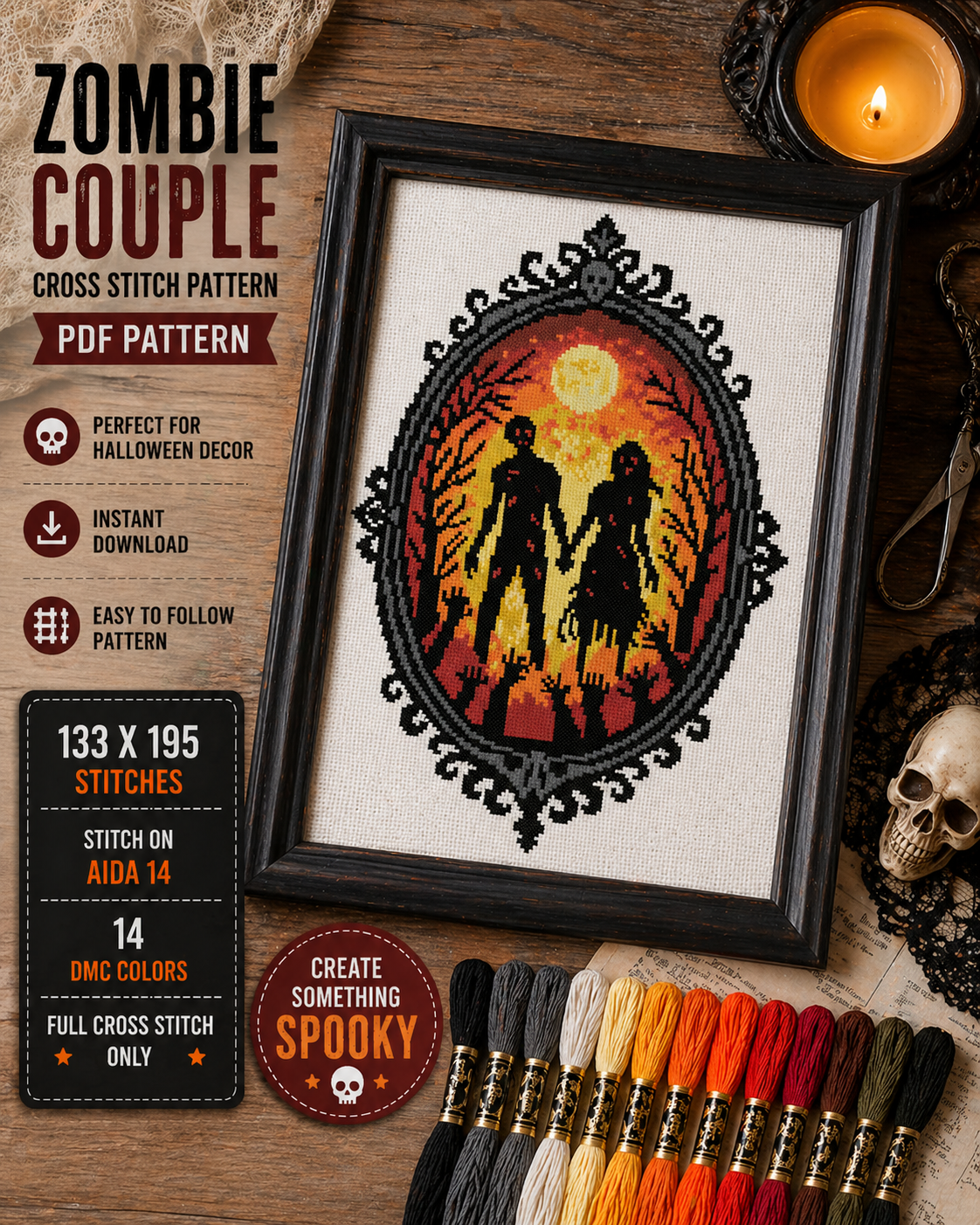 Zombie Couple Cross Stitch Pattern PDF – Gothic Halloween Embroidery Design – Spooky Love Silhouette