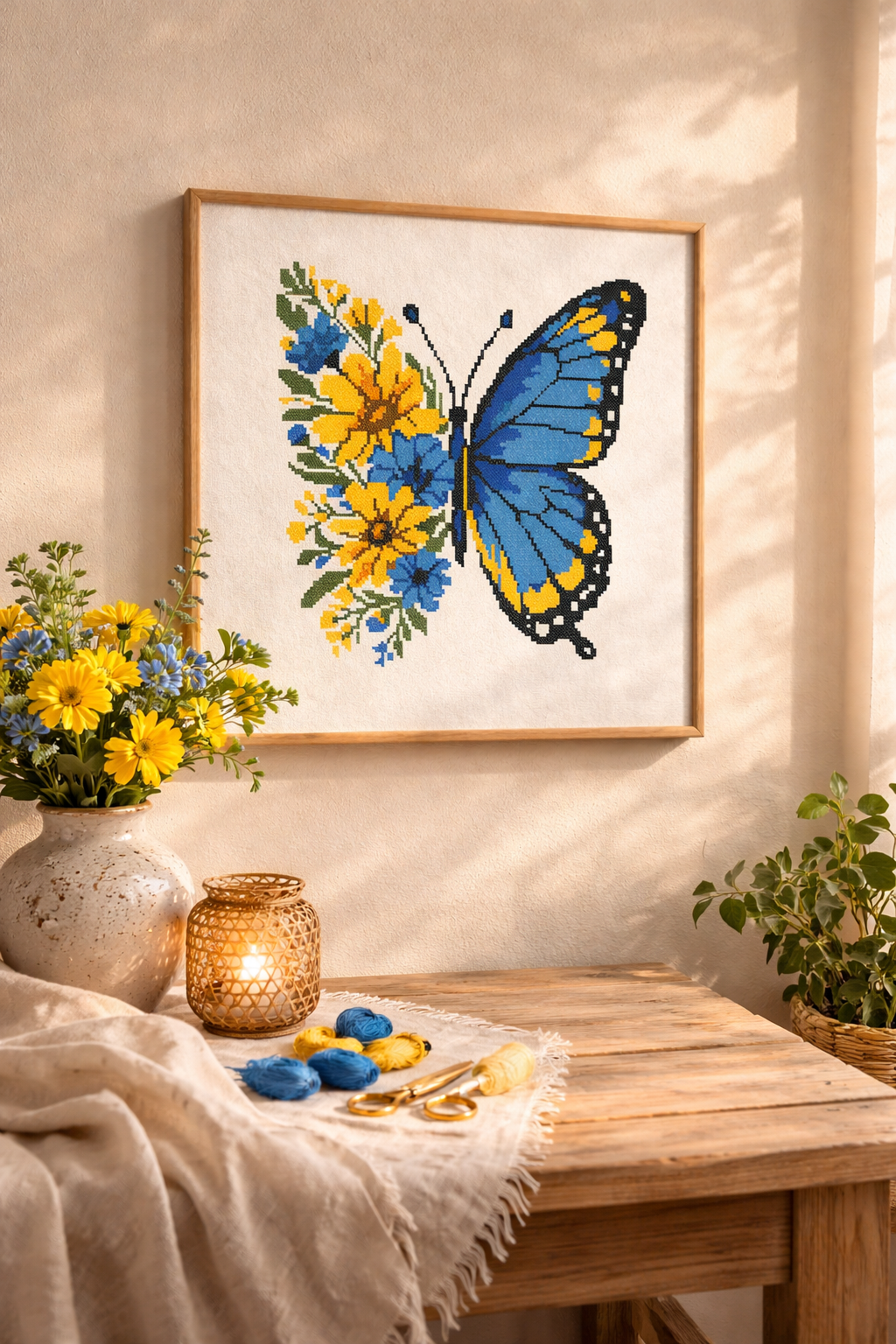 Blue Yellow Butterfly Cross Stitch Pattern, Floral Butterfly Embroidery Design, Ukrainian Inspired Modern Needlepoint, PDF Pattern, Scandinavian Style