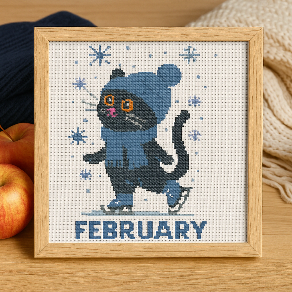 February Black Cat Cross Stitch Pattern – Winter Skating Kit